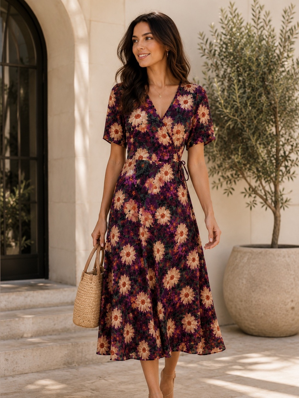 Reitmans Floral Wrap Midi Dress Purple Cream Boho Dress